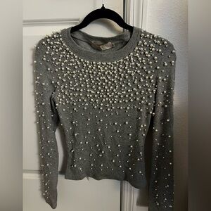 Elegant Pearl-Embellished Gray Sweatshirt